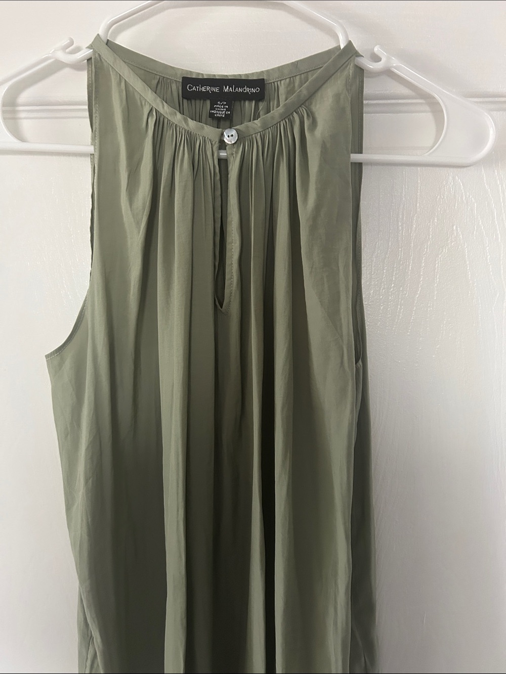 Catherine Malandrino Sage Green Sleeveless Pleated Keyhole Top